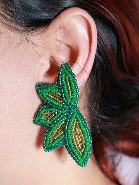 Artisan Handmade Green Gold  Leaf Design Earrings Jewelry Gift